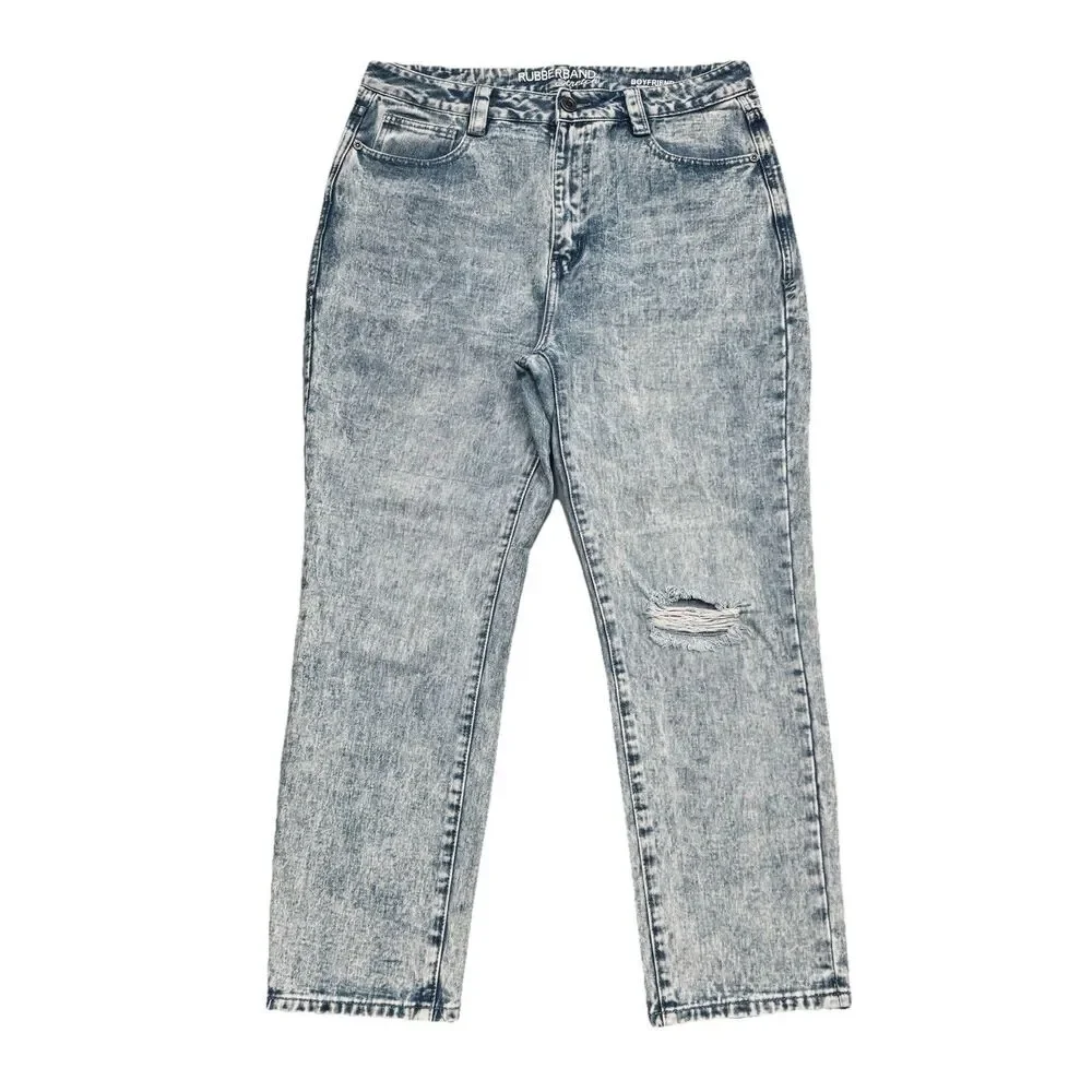 Rubberband Boyfriend Jeans 11/12 (32x26) Blue Stonewash Distressed Denim Juniors